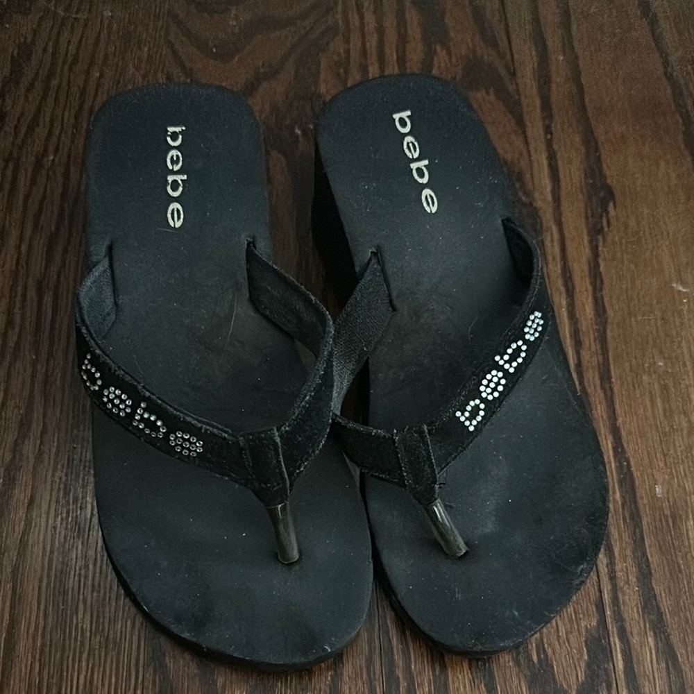 bebe Black Rhinestone Platform Flip Flops